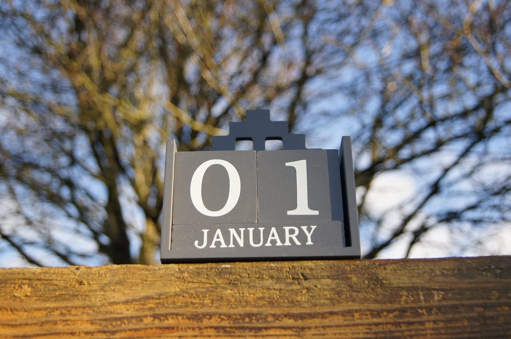 Wooden block outdoors saying first of January, New year day