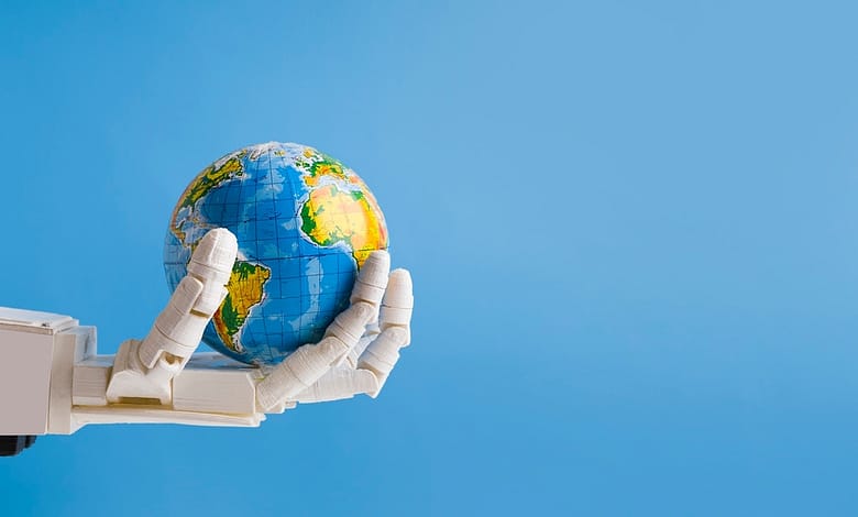 Robot holding Earth globe in hand, blue panorama background